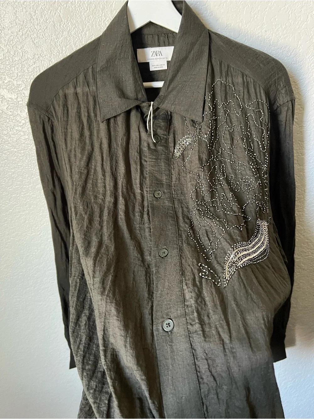 Zara Men Limited Edition Floral Beaded Embroidered Shirt NWT Gunmetal Green - Picture 4 of 11